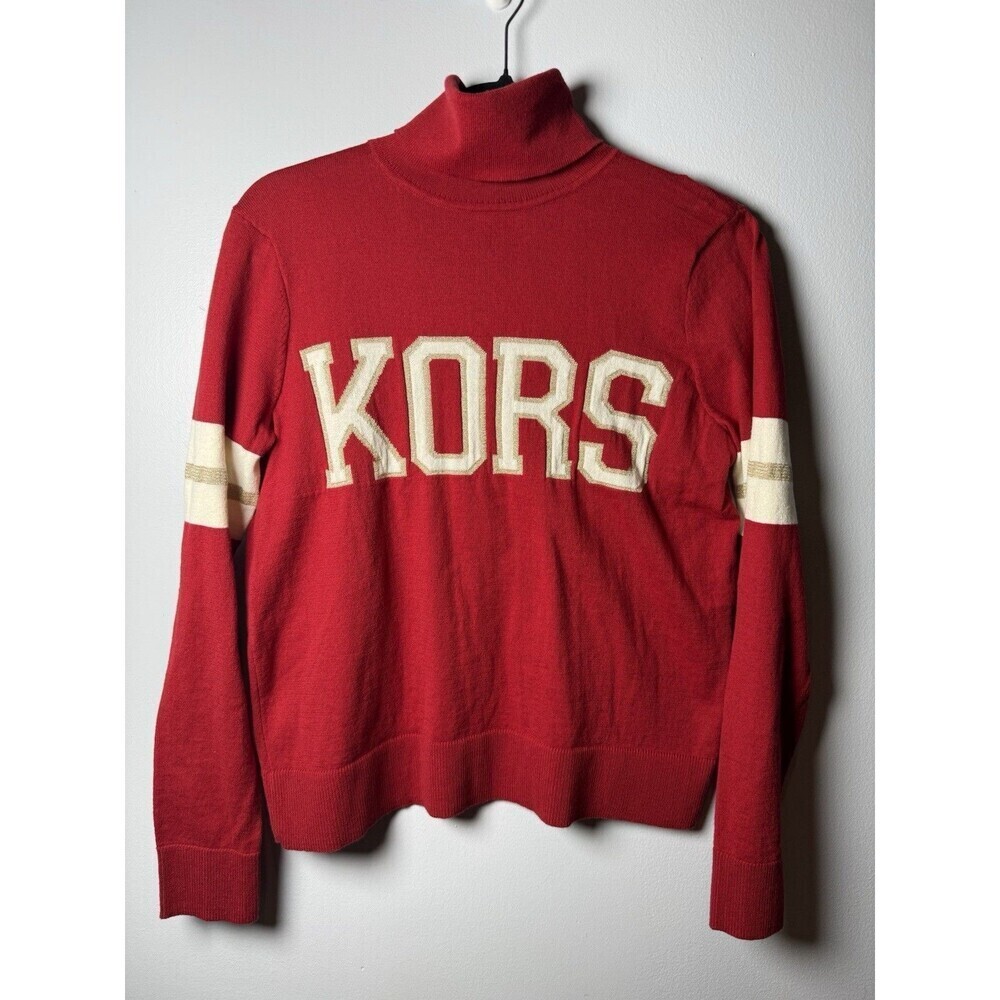 MICHAEL KORS Women Red Logo Long Sleeve Turtle Neck Sweater Small NEW